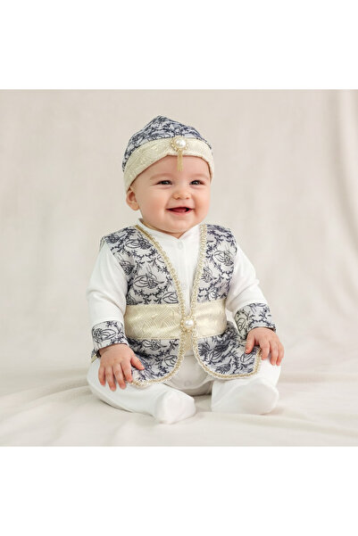 bebegen طقم مولود بحزام ذهبي منقوش باللون الأصفر والأزرق الداكن وطغراء للأطفا...