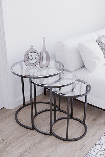 usta mekan Usta Siyah Metal Zigon Sehpa - Şeffaf Temperli Cam