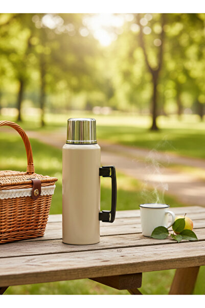 Elista ترمس ستانلس ستيل سعة 1.5 لتر بمقبض لون بيج