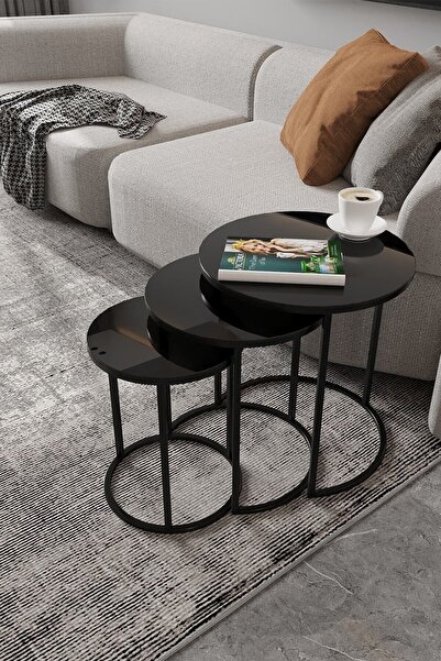 albemo Siyah Metal Siyah Cam Zigon Sehpa