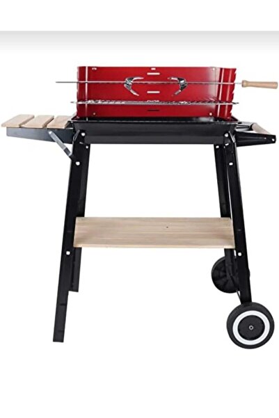 Generic Steel Rectangular Bbq Grill With 4 Legs,Tyre And Wooden Rack Red / Bl...