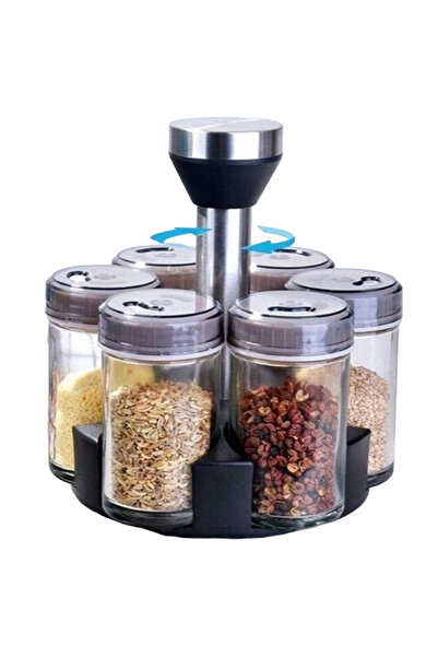 MOHAMED Set 6 x Recipiente pentru Condimente si Suport Rotativ 360 Negru-Argi...