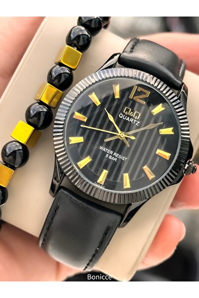 Q&Q سوار ساعة رجالي من الجلد باللون الأسود مقاوم للماء