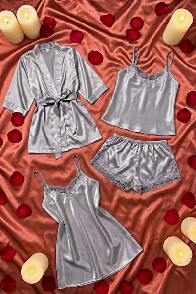 ZENCHES 4 Piece Satin Mini Belted Dressing Gown and Nightgown Set Dowry Gift