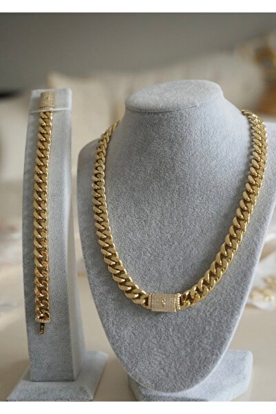 LAYDA Taşlı Gurmet Kolye & Bileklik Paslanmaz Zincir Gold Set 40 cm Kolye ,20...