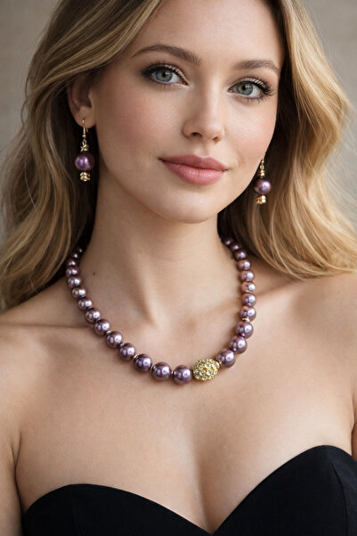 Solare Accessories Mor İnci ve Gold Detaylı Taşlı Kolye & Küpe Seti
