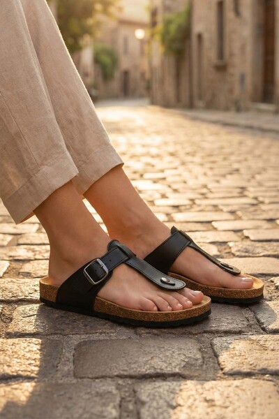 GEZER Pantofi de vară pentru femei - Talpă din plută din piele artificială, t...