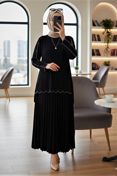 modamira Kadın Siyah Sandy 2li Önü Ve Kolları Taş Işlemeli Bluz Etek Pliseli ...