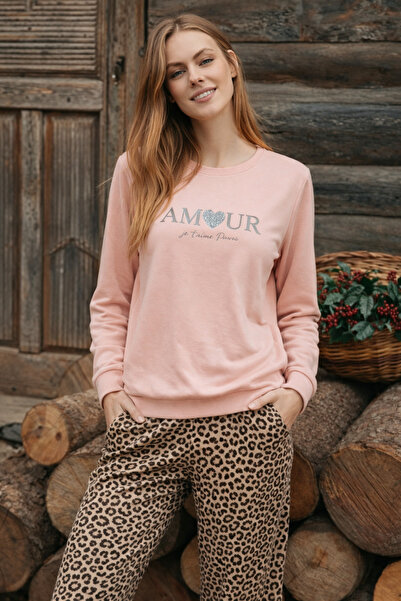 DOFİ Γυναικείο σετ πιτζάμες 1741 με σχέδιο λεοπάρ σούπερ μαλακό - Γκρι/Κρεμ/ΡΟΖ