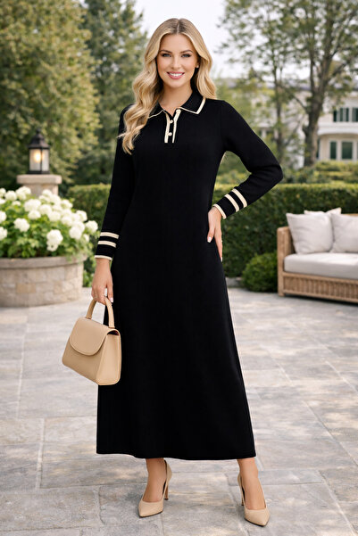 semela YENİ SEZON DÜĞMELİ POLO YAKA UZUN TRİKO ELBİSE (135 cm. Uzunluğunda)