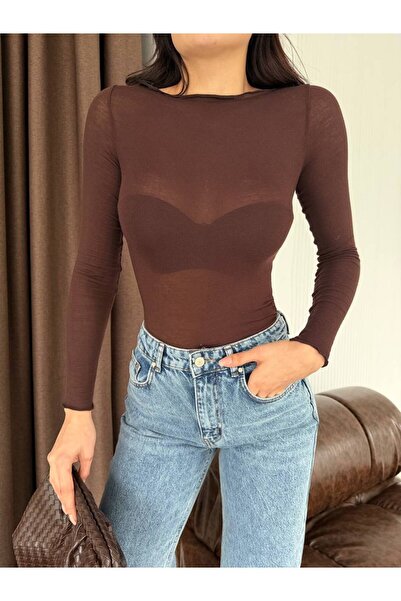 WellWay Boat Neck Transparent Detail Cashmere Fabric Blouse-Brown