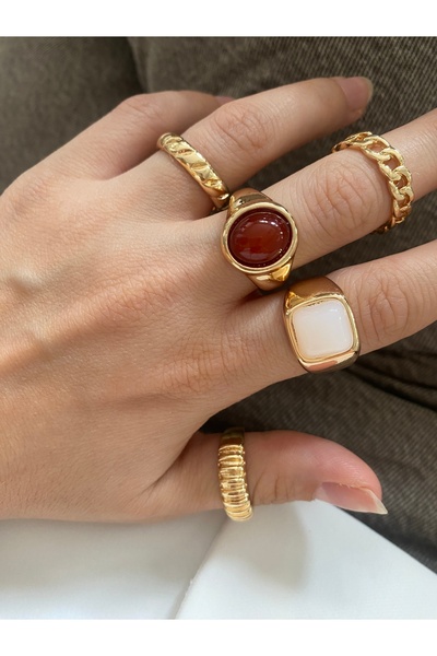 Pinery Jewels İri Renkli Taşlı Altın Kaplama Çoklu Yüzük Seti