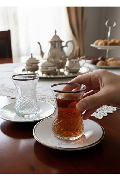 DECOSTYLE Pasabahce Lisbon Silver Cutwork Decorated 12 Piece Fine Belli Tea S...