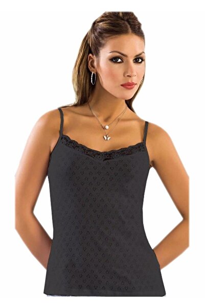Anıt Дамска черна жакардова дантелена блуза с тънки презрамки 2173