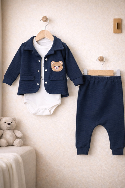 Bebişto Teddy Bear Embroidered Jacket Baby Set 100% Cotton Navy Blue Set of 3 (Body + Jacket + Bottoms)