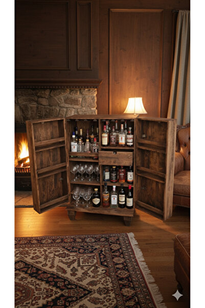 ViraHome Ahşap ve Metal Dekorasyon Lüks Masif Ahşap Bar Dolabı Rustik Dolap Ç...