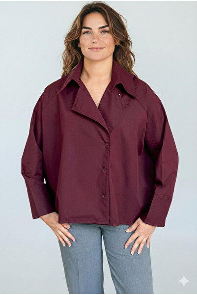Fast Perry Burgundy Color Oversized Wide Pattern Design Women's Shirt