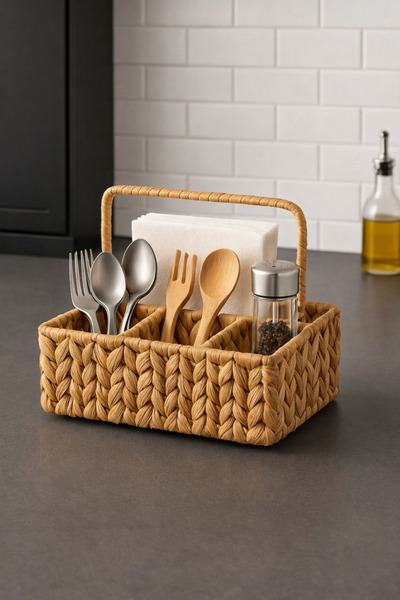 YzHome Hasır Rattan Mutfak Masaüstü Organizer Düzenleyici Üstten Kulplu Sepet...