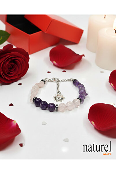 Naturel Tılsım Doğal Taş Aşk Mıknatısı Bileklik - Ametist - Pembe Kuvars Güçl...