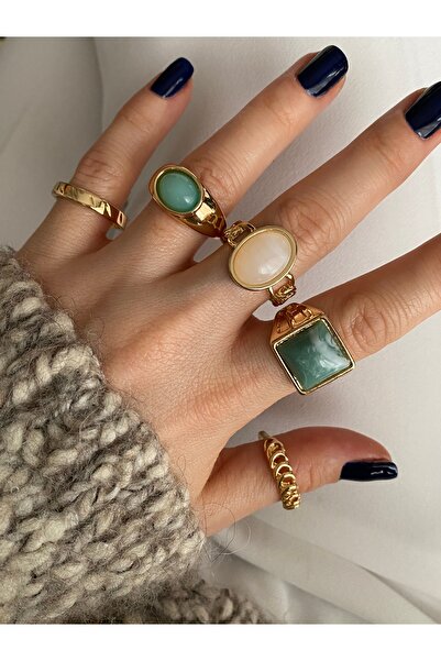 Pinery Jewels İri Renkli Taşlı Altın Kaplama Çoklu Yüzük Seti