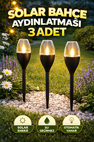 Ecuy Güneş Enerjili Alev Efektli Solar Bahçe Lambası 3 Adet Su Geçirmez Yürüy...