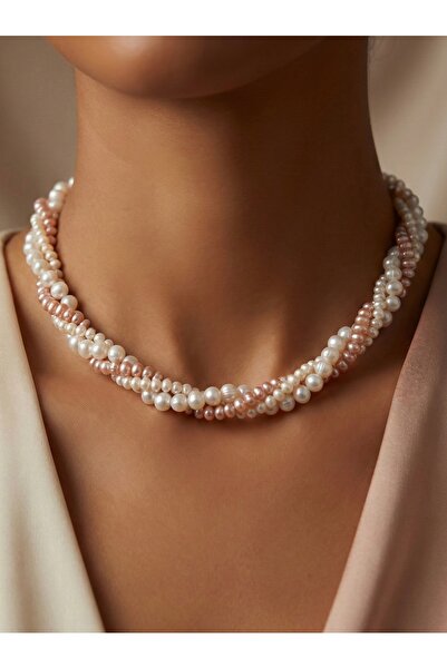 Zokak 925 Ayar Gümüş Klipsli Gerçek Pembe ve Beyaz İnci Burgu Kolye - Doğal Taş