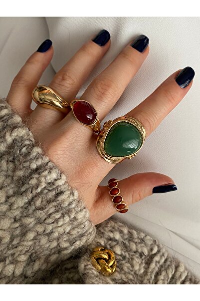 Pinery Jewels İri Renkli Taşlı Altın Kaplama Çoklu Yüzük Seti