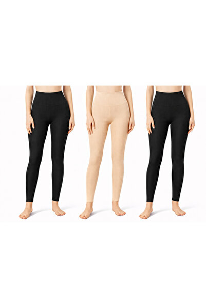İncili High Waist Ribbed Ribbed Leggings with Recovery Feature, Set of 3 (2 B...