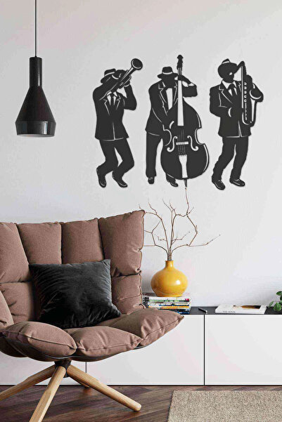 RetroLazer Jazz Yapan Müzikal Dekoratif Duvar Dekoru Siyah Ahşap Lazer Tablo