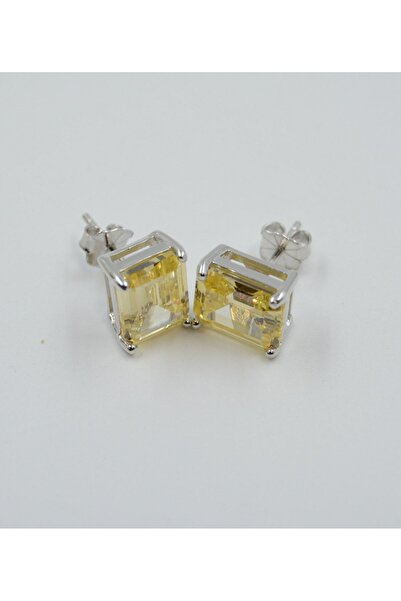 Swaroski Dikdörtgen Desenli Sarı Zirkon Taşlı 925 Ayar Gümüş Kadın Küpe (İtha...
