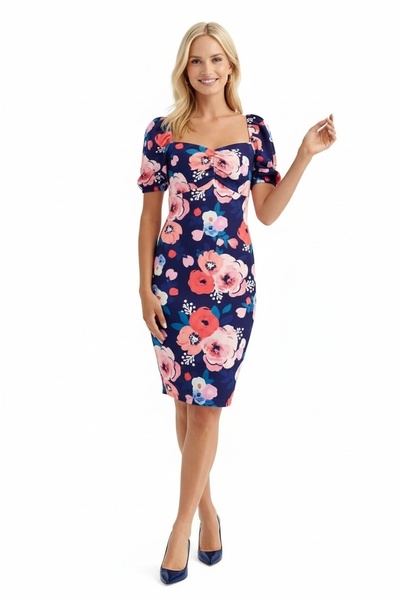 MAMAYAGA Kadın Kalp Yaka Balon Kol Önden Büzgü Çiçek Desen Asimetrik Etek Büy...