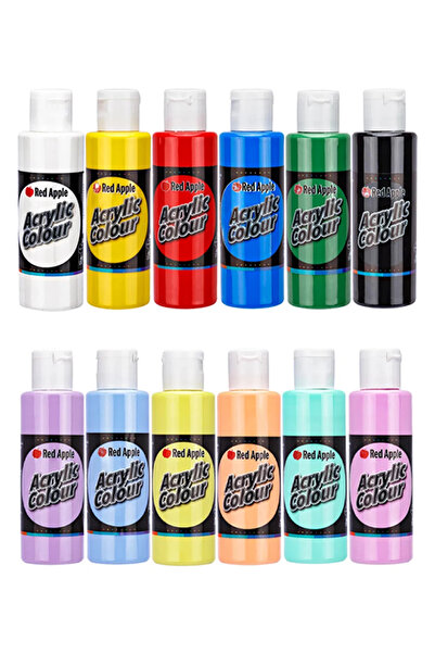 ACUTO Red Apple 12 x 70 ml Akrilik Boya 6 Ana Renk + 6 Pastel Renkler Set 12 ...