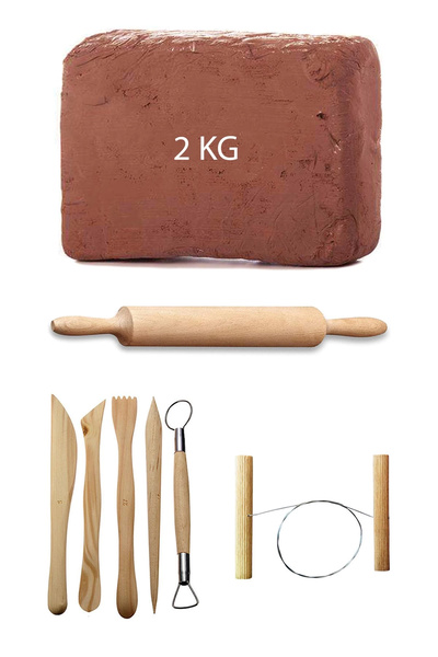 ACUTO 2 Kg Kahverengi Kil Kırmızı Çamur Seramik Hamuru Ebeşuar Seti Ahşap Mer...