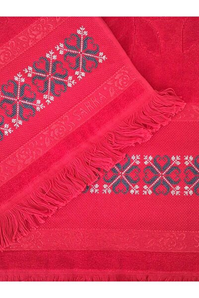 SARRA HOME Çeyizlik El İşlemesi Kanaviçe İşlemeli Kadife Havlu Takımı - Kırmı...