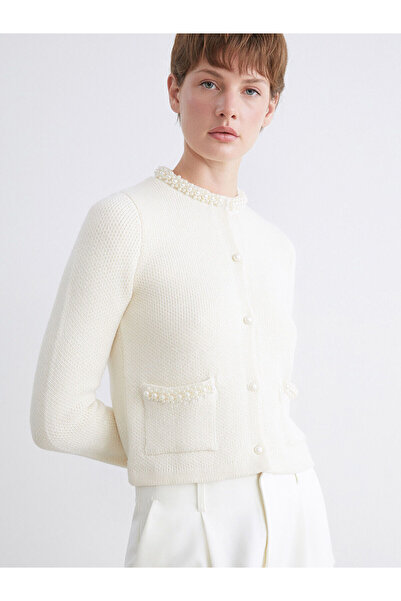 LC Waikiki Crew Neck Pearl Embroidered Women's Knitwear Cardigan