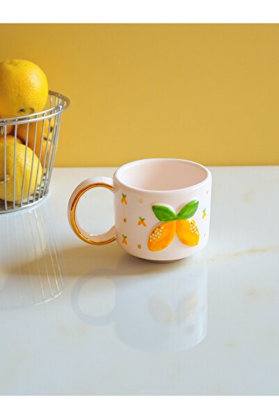 Özce Art Ceramic Atelier Lemon Patterned Gold Detailed Handmade 170 ml Mug an...