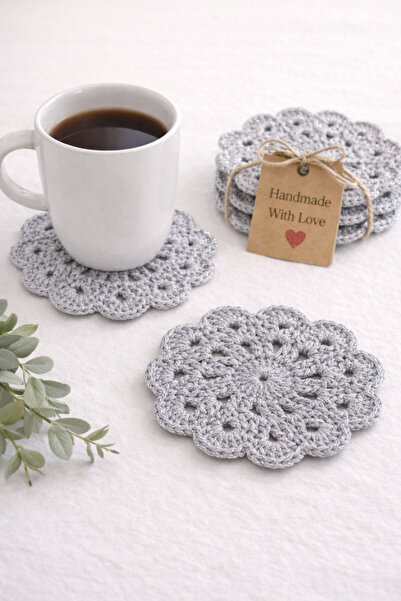 Miliva 6'lı Bardak Altlığı | Örgü Makrome Bardak Altlığı | Simli Yuvarlak El ...