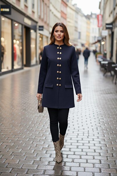 Mossta Hakim Collared Buttoned Atlas Jacket - Navy Blue