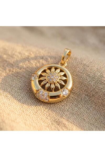 Zeino Güneş Motifli Kolye Ucu, Zirkon - 14K Altın Rengi Kaplama, 2 cm