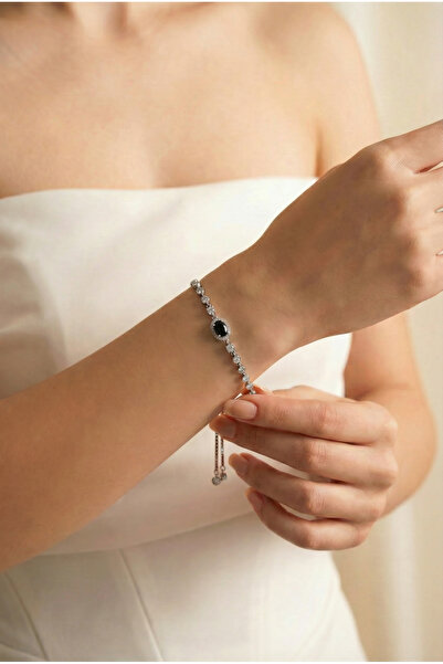 Vinces 925 Ayar Gümüş Oval Siyah Taşlı Asansörlü Bileklik - Lumina-X