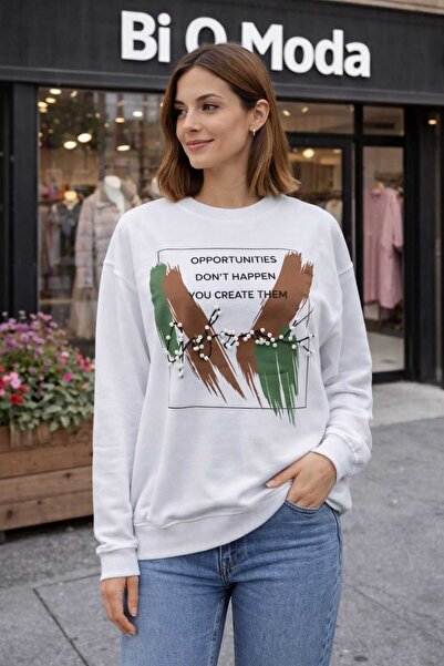İnci Detaylı Kadın Beyaz Sweatshirt