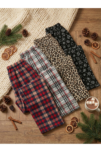Modaley Giyim Women's Winter Fleece Pajama Bottoms 4-Piece Set - Plaid, Leopa...