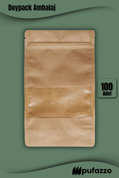 PUFAZZO Doypack Ambalaj - Kraft Dar Pencereli Kilitli Kese Kağıdı - Kahve Kur...