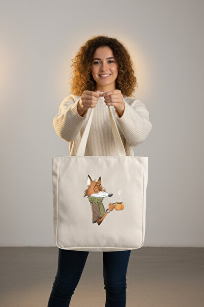 Luvili Ihlamur Tilki Baskılı %100 Organik Pamuk Gabardin Körüklü Kanvas Bez Ç...