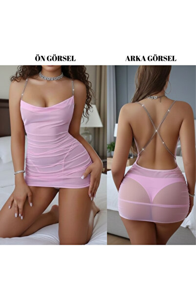 Estilo Lingerie Pink Chain Detailed Tulle Nightgown with Thong Gift