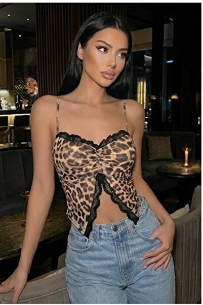 SİERNA Women's leopard print lace-up bustier top