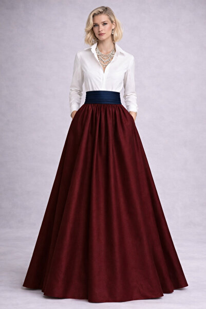 ALYEL NAKER Piliseli Kuşaklı & Color-Block Detaylı Maxi Tafta Gömlek Elbise