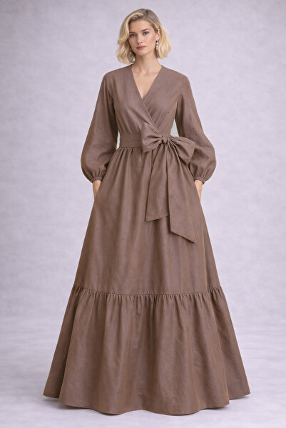 ALYEL NAKER فستان طويل من التفتا بأكمام بالون، بأزرار على الجهتين أزرار وتفاص...