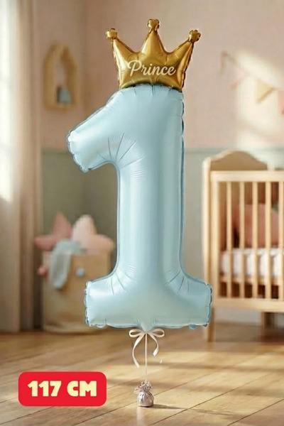 Baloncu Nene بالون فويل أزرق على شكل تاج للأمير بعمر سنة واحدة، بالون فويل لع...