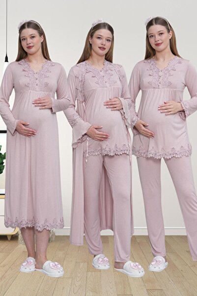 Mecit Pijama Mecit 1519 Dusty Rose Maternity Dressing Gown Nightgown Pajama Set
